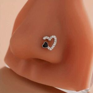 Black and White Heart Diamond L Rod Stud Nose Ring